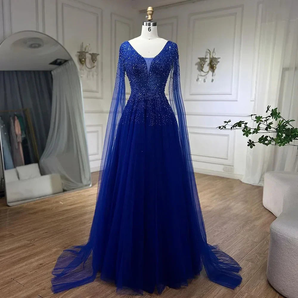 Royal Blue Luxury Dubai Evening Dress with Cape Sleeves LA72315