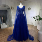 Royal Blue Luxury Dubai Evening Dress with Cape Sleeves LA72315