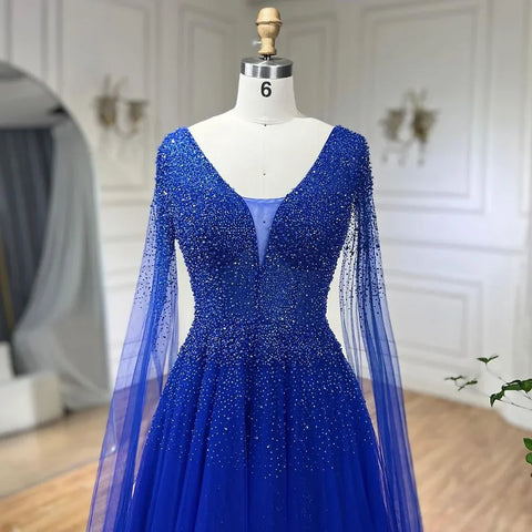 Royal Blue Luxury Dubai Evening Dress with Cape Sleeves LA72315