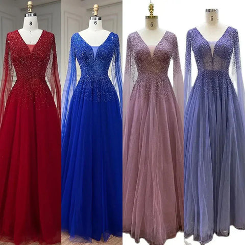 Royal Blue Luxury Dubai Evening Dress with Cape Sleeves LA72315