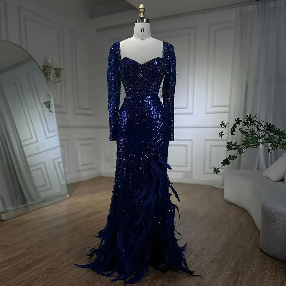 Royal Blue Mermai Sparkle Beaded Luxury Long Evening Dresses Gowns Beaded Feathers for Women Party 2025 LA72387