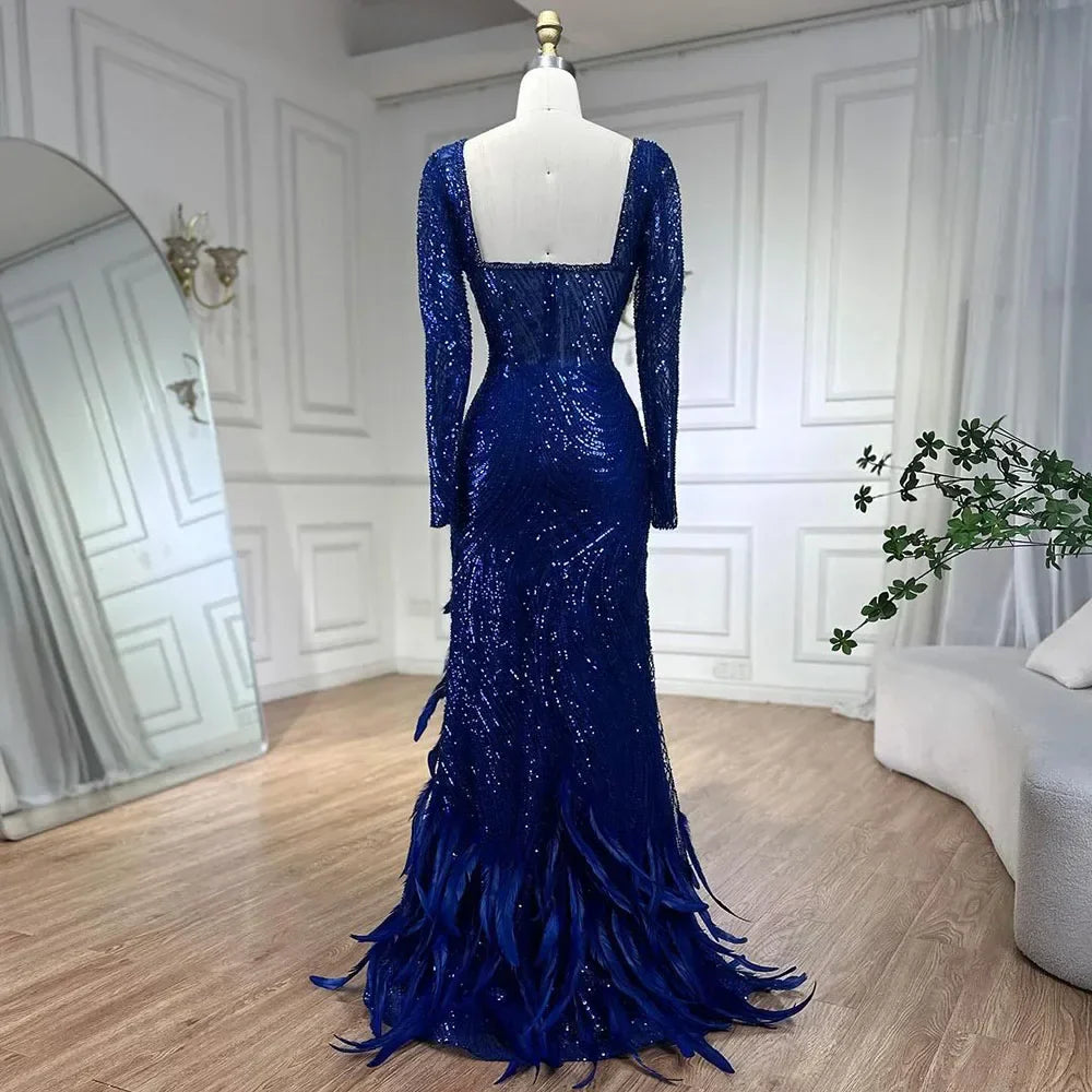 Royal Blue Mermai Sparkle Beaded Luxury Long Evening Dresses Gowns Beaded Feathers for Women Party 2025 LA72387