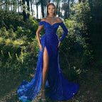 Royal Blue Mermaid Evening Dresses Gowns 2025  Luxury Beaded High Split Elegant For Women Party Dress LA71425