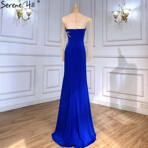 Vestidos de noche de satén azul rey 2025, elegantes vestidos de sirena con cuentas para mujer, para fiesta de boda LA71471 