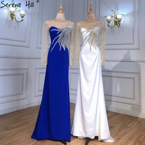 Vestidos de noche de satén azul rey 2025, elegantes vestidos de sirena con cuentas para mujer, para fiesta de boda LA71471 