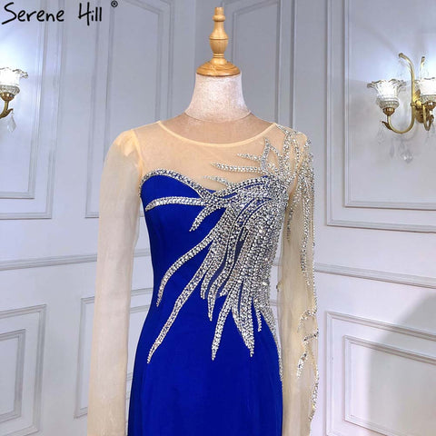 Vestidos de noche de satén azul rey 2025, elegantes vestidos de sirena con cuentas para mujer, para fiesta de boda LA71471 