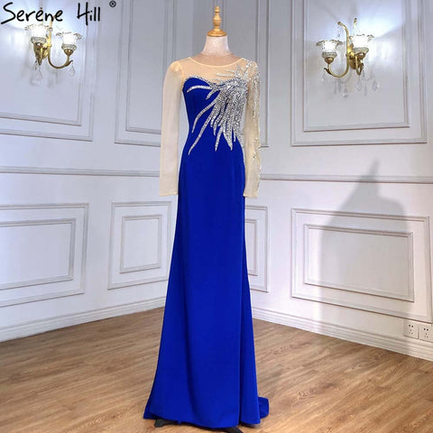 Vestidos de noche de satén azul rey 2025, elegantes vestidos de sirena con cuentas para mujer, para fiesta de boda LA71471 