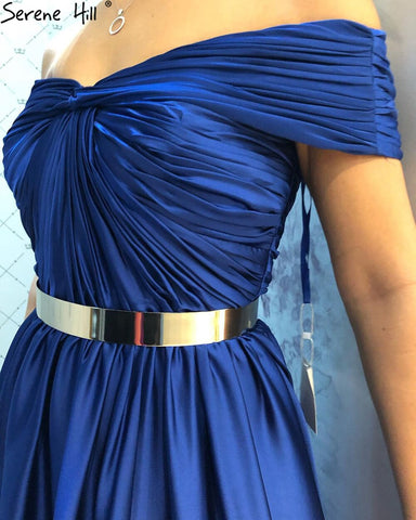 Vestido de noche azul real sencillo con escote en A y abertura alta, sexy, para mujer, para fiesta, LA71301 