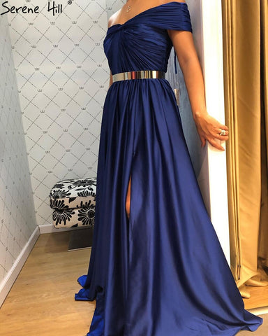 Vestido de noche azul real sencillo con escote en A y abertura alta, sexy, para mujer, para fiesta, LA71301 