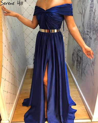 Vestido de noche azul real sencillo con escote en A y abertura alta, sexy, para mujer, para fiesta, LA71301 