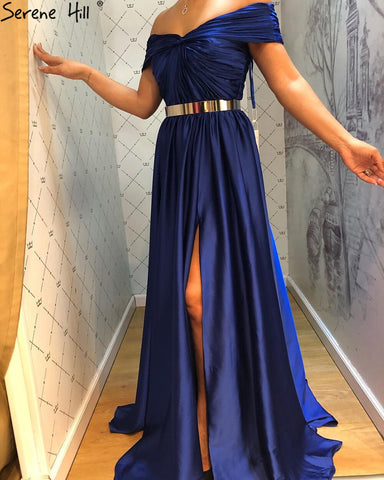 Vestido de noche azul real sencillo con escote en A y abertura alta, sexy, para mujer, para fiesta, LA71301 