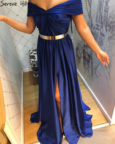 Vestido de noche azul real sencillo con escote en A y abertura alta, sexy, para mujer, para fiesta, LA71301 