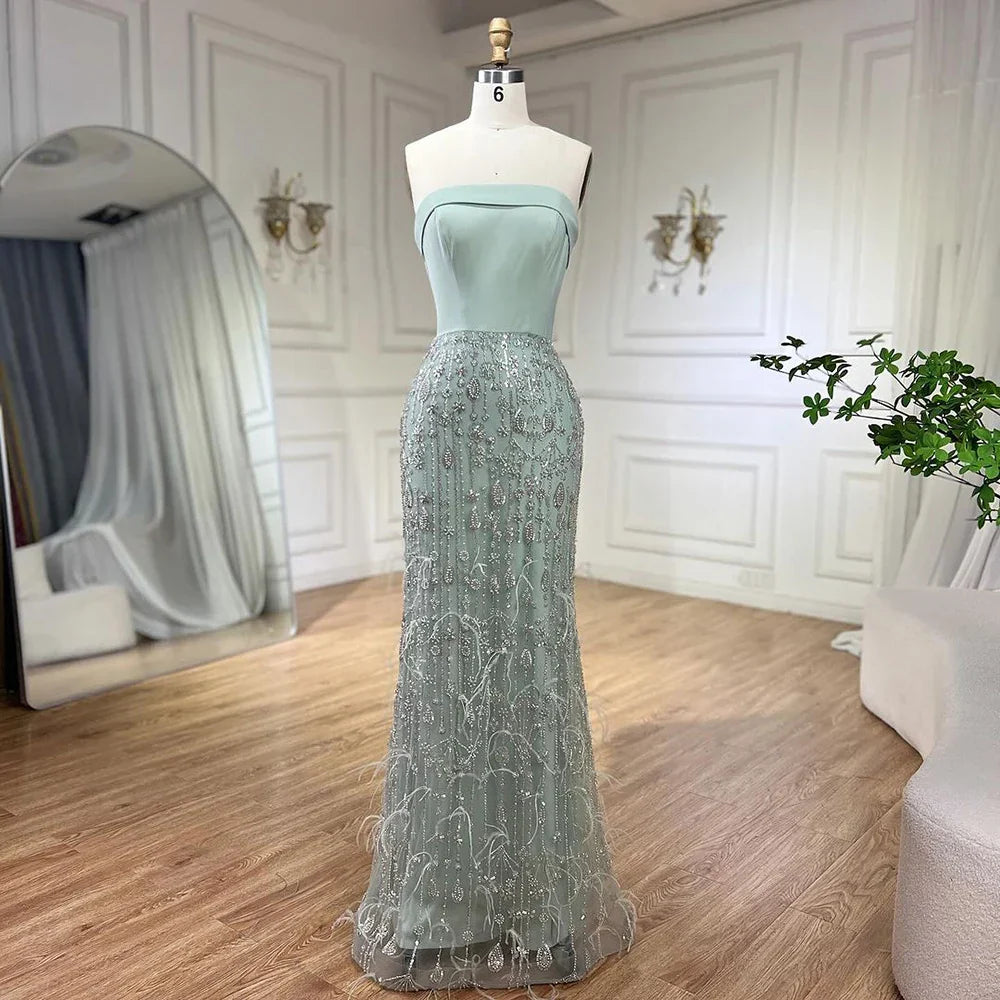 Luxury Sage Green Feathers Evening Dress with Scarf Cape LA72290