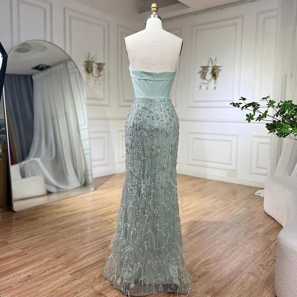 Luxury Sage Green Feathers Evening Dress with Scarf Cape LA72290