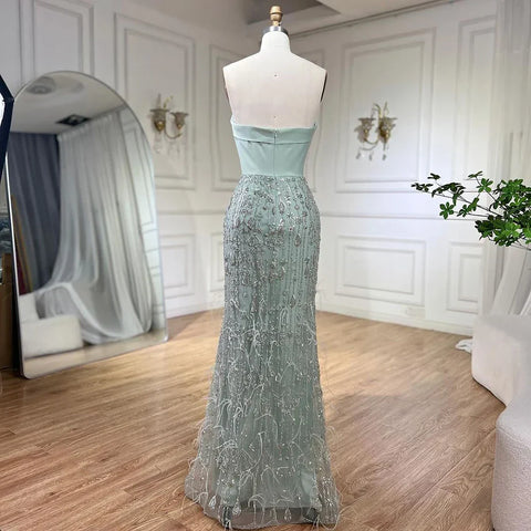 Luxury Sage Green Feathers Evening Dress with Scarf Cape LA72290