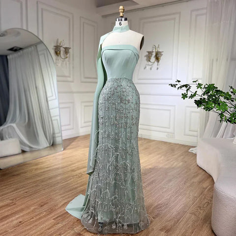 Luxury Sage Green Feathers Evening Dress with Scarf Cape LA72290