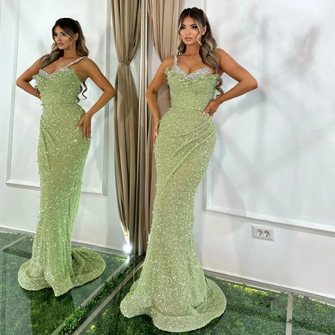 Vestido de noche de lujo estilo sirena verde salvia con un solo hombro y cuentas de cristal, estilo Dubái, para mujer, fiesta 2025, LA72419 