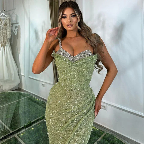 Vestido de noche de lujo estilo sirena verde salvia con un solo hombro y cuentas de cristal, estilo Dubái, para mujer, fiesta 2025, LA72419 