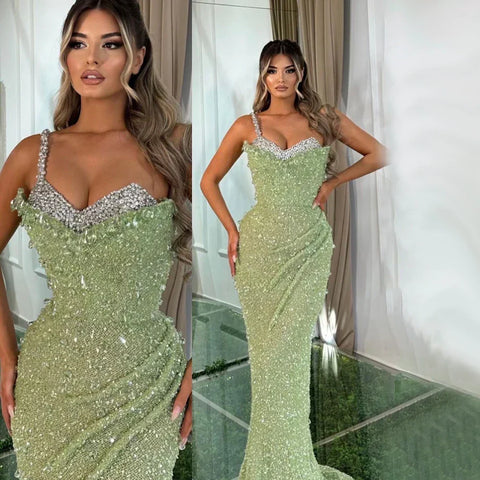 Vestido de noche de lujo estilo sirena verde salvia con un solo hombro y cuentas de cristal, estilo Dubái, para mujer, fiesta 2025, LA72419 