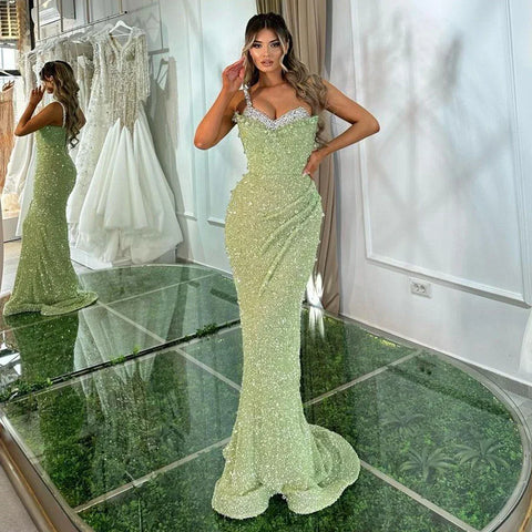 Vestido de noche de lujo estilo sirena verde salvia con un solo hombro y cuentas de cristal, estilo Dubái, para mujer, fiesta 2025, LA72419 