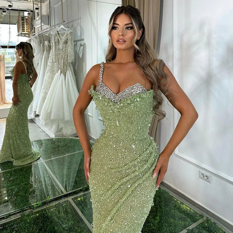 Vestido de noche de lujo estilo sirena verde salvia con un solo hombro y cuentas de cristal, estilo Dubái, para mujer, fiesta 2025, LA72419 