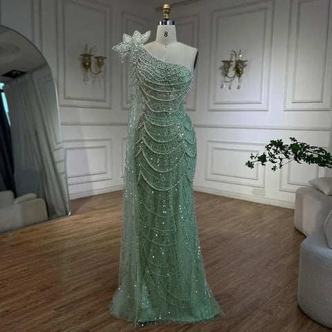 Vestido de noche árabe de lujo de Dubái con un hombro al descubierto y perlas, corte sirena verde salvia, para mujer, para fiesta de boda LA72511 