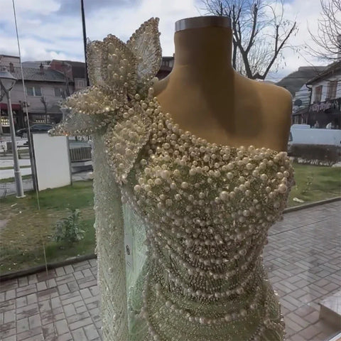 Vestido de noche árabe de lujo de Dubái con un hombro al descubierto y perlas, corte sirena verde salvia, para mujer, para fiesta de boda LA72511 