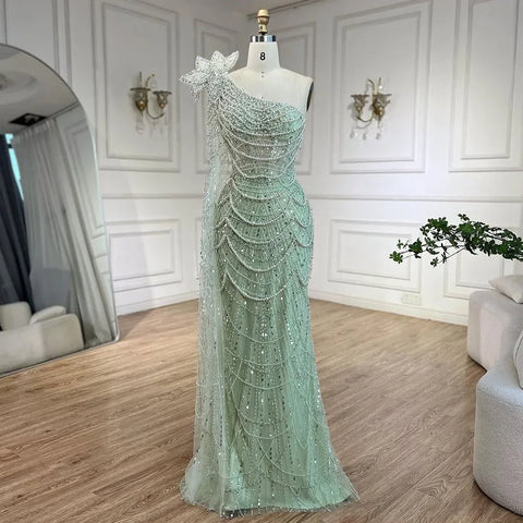 Vestido de noche árabe de lujo de Dubái con un hombro al descubierto y perlas, corte sirena verde salvia, para mujer, para fiesta de boda LA72511 