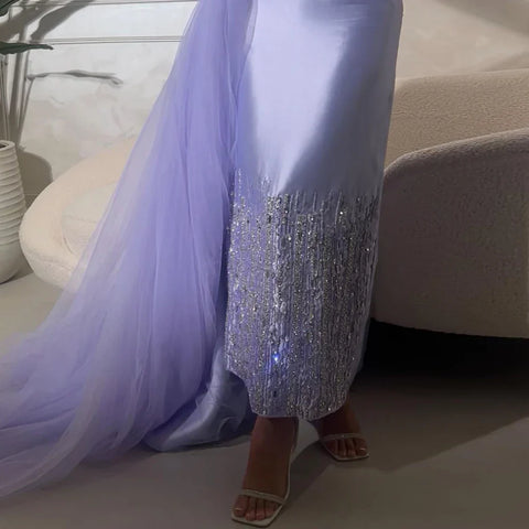 Vestido de noche de satén verde salvia con un solo hombro, corte sirena y cuentas, largo hasta la rodilla para mujer - Boda 2025 LA72194 