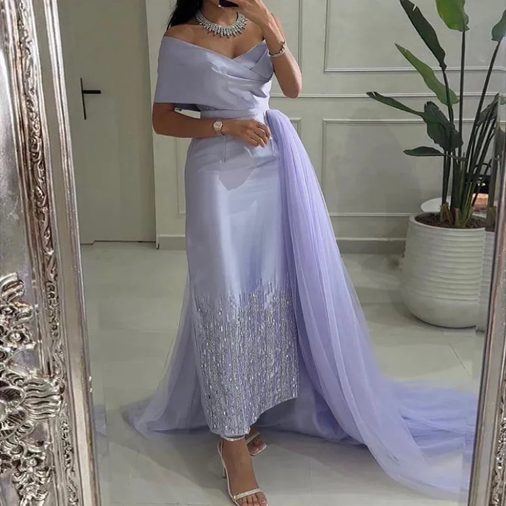 Sage Green Satin One-Shoulder Beaded Mermaid Tea-Length Evening Gown for Women - Wedding Party 2025 LA72194