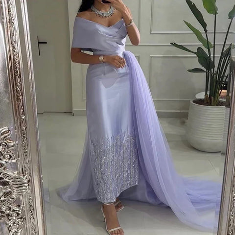 Vestido de noche de satén verde salvia con un solo hombro, corte sirena y cuentas, largo hasta la rodilla para mujer - Boda 2025 LA72194 