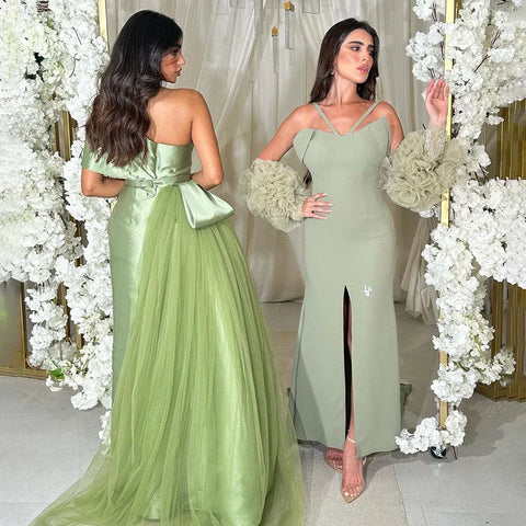 Vestido de noche de satén verde salvia con un solo hombro, corte sirena y cuentas, largo hasta la rodilla para mujer - Boda 2025 LA72194 