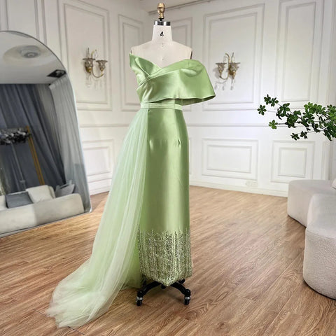 Vestido de noche de satén verde salvia con un solo hombro, corte sirena y cuentas, largo hasta la rodilla para mujer - Boda 2025 LA72194 