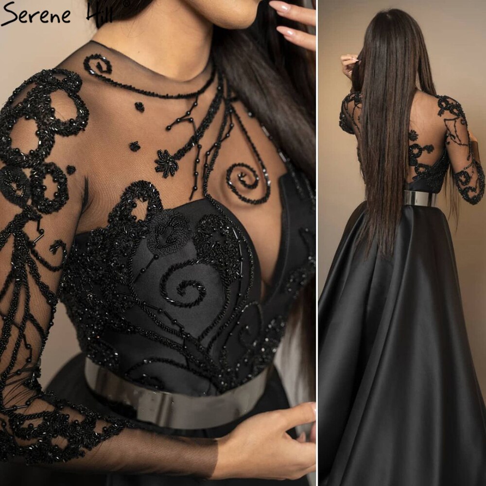 Satin Black A-Line Evening Dresses Gowns 2025 Beading Sashes Sexy For Woman Party  LA71139