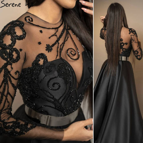 Vestidos de noche negros de satén con corte A y fajas con cuentas, sexys, para mujer, para fiesta, LA71139 