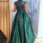 Satin Green A-Line Beading  Evening Gowns 2025 Dubai High Collar Cap Sleeves Formal Dress Design LA70761