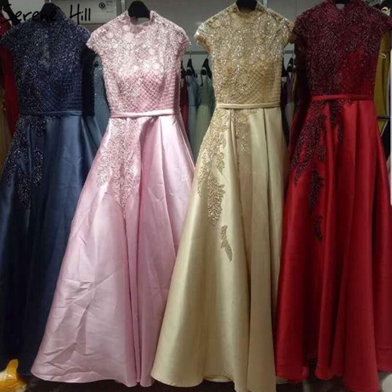 Satin Green A-Line Beading  Evening Gowns 2025 Dubai High Collar Cap Sleeves Formal Dress Design LA70761