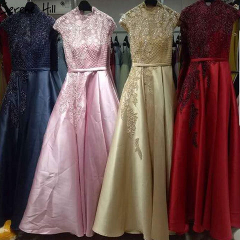 Vestido de noche verde satinado con cuello alto, mangas cortas y apliques de cuentas, estilo Dubái, LA70761 
