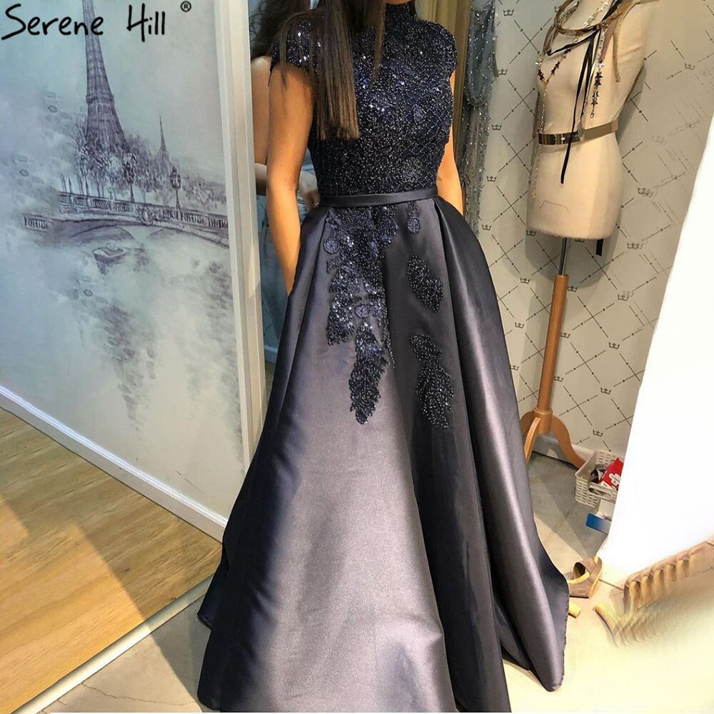 Satin Green A-Line Beading  Evening Gowns 2025 Dubai High Collar Cap Sleeves Formal Dress Design LA70761