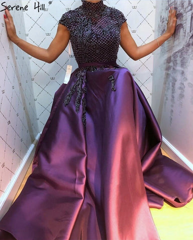 Vestido de noche verde satinado con cuello alto, mangas cortas y apliques de cuentas, estilo Dubái, LA70761 