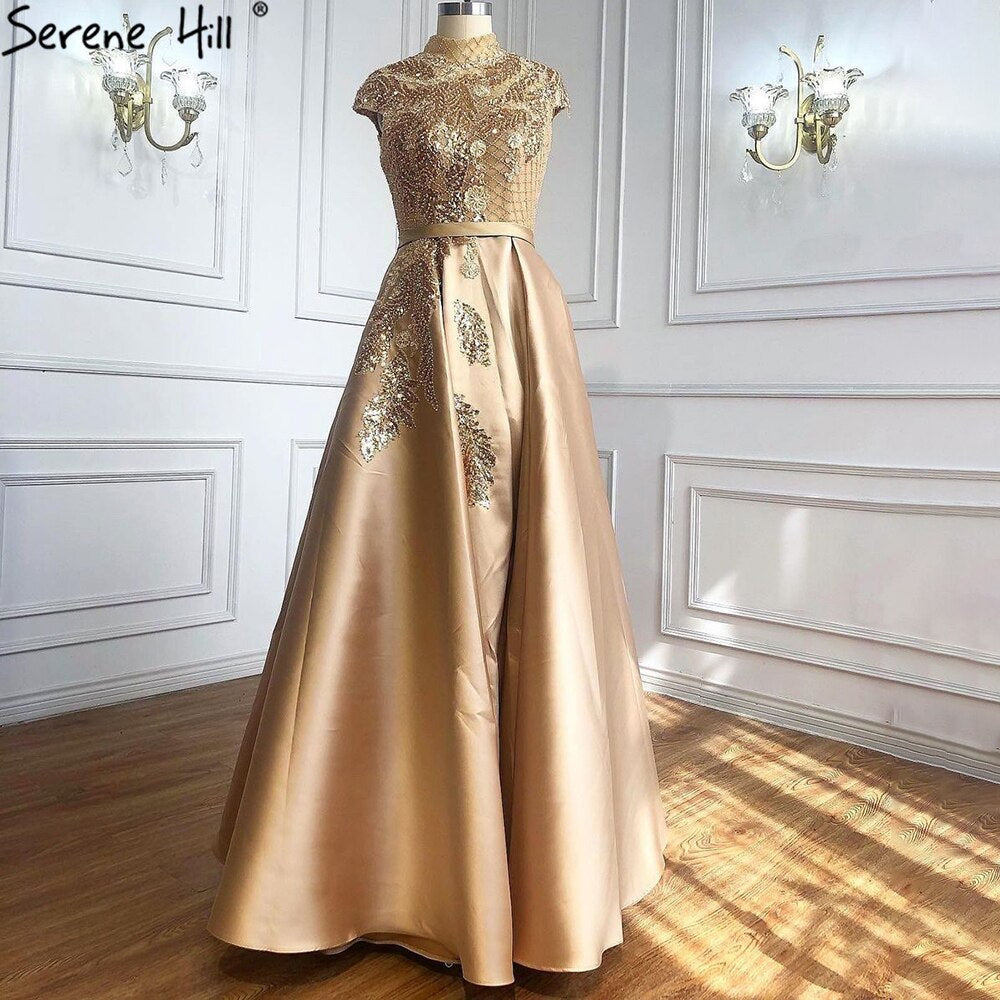 Satin Green A-Line Beading  Evening Gowns 2025 Dubai High Collar Cap Sleeves Formal Dress Design LA70761