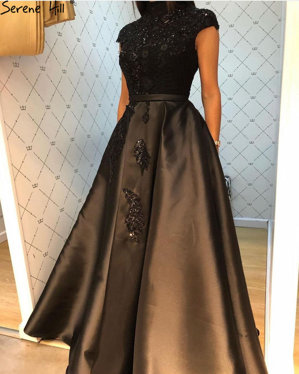 Satin Green A-Line Beading  Evening Gowns 2025 Dubai High Collar Cap Sleeves Formal Dress Design LA70761