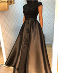 Satin Green A-Line Beading  Evening Gowns 2025 Dubai High Collar Cap Sleeves Formal Dress Design LA70761
