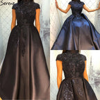 Satin Green A-Line Beading  Evening Gowns 2025 Dubai High Collar Cap Sleeves Formal Dress Design LA70761