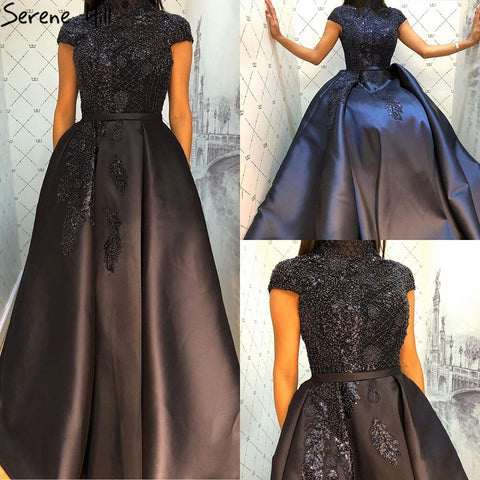 Vestido de noche verde satinado con cuello alto, mangas cortas y apliques de cuentas, estilo Dubái, LA70761 