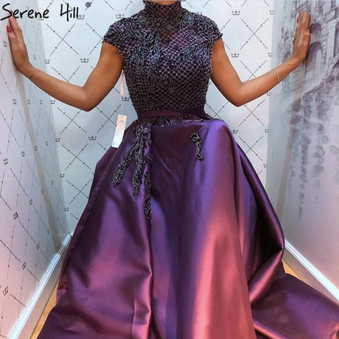 Vestido de noche verde satinado con cuello alto, mangas cortas y apliques de cuentas, estilo Dubái, LA70761 