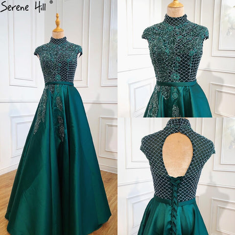 Vestido de noche verde satinado con cuello alto, mangas cortas y apliques de cuentas, estilo Dubái, LA70761 