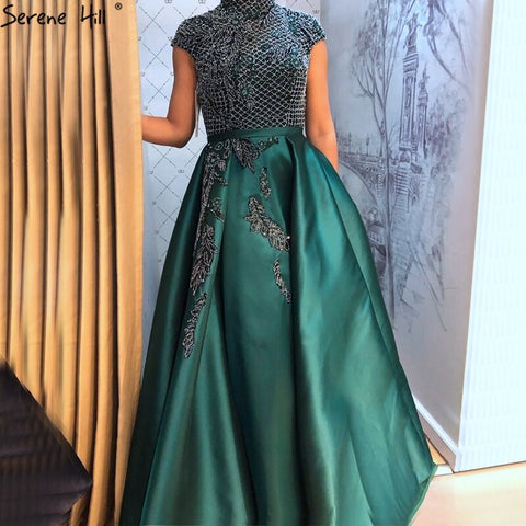 Vestido de noche verde satinado con cuello alto, mangas cortas y apliques de cuentas, estilo Dubái, LA70761 