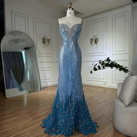 Vestidos de noche estilo sirena azul saudí sin tirantes, con cuentas, para ocasiones formales LA72901 2025