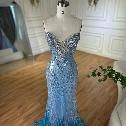 Vestidos de noche estilo sirena azul saudí sin tirantes, con cuentas, para ocasiones formales LA72901 2025
